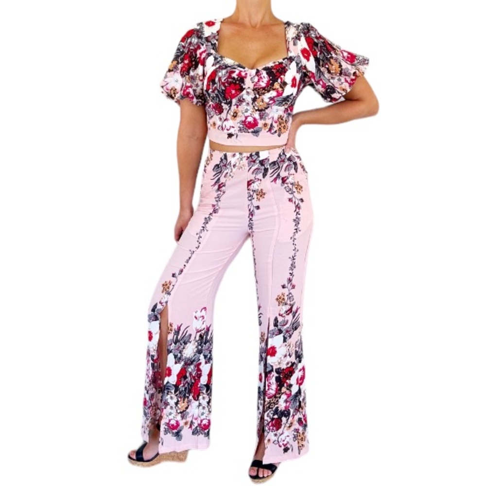 Joie blush pink floral matching corset top and wide leg pants set size medium